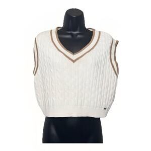 Hollister XL Ivory Brown Crop Boxy Sweater Vest Cable Knit V Neck Preppy School